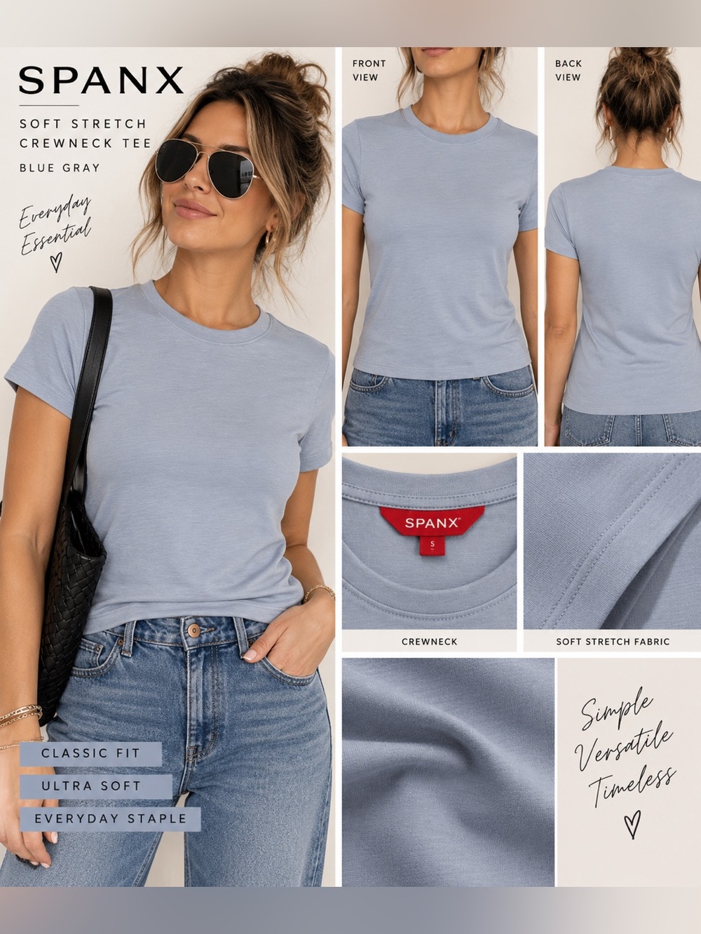 SPANX Soft Stretch Crewneck Tee Blue Gray - S